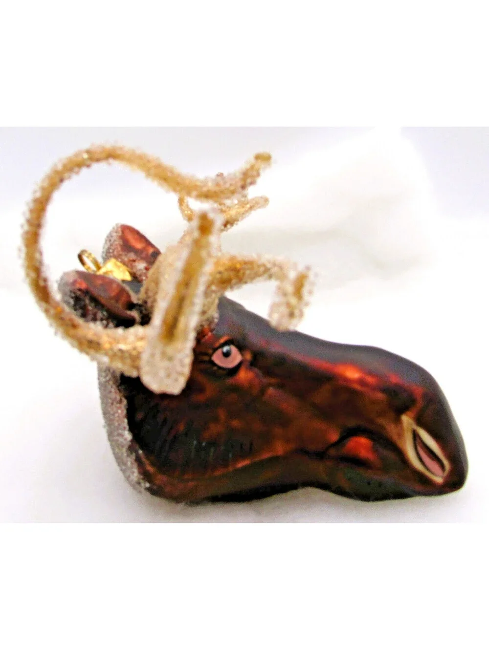 Large Vintage Sugared Blown-Glass Moose Head Christmas Tree Ornament